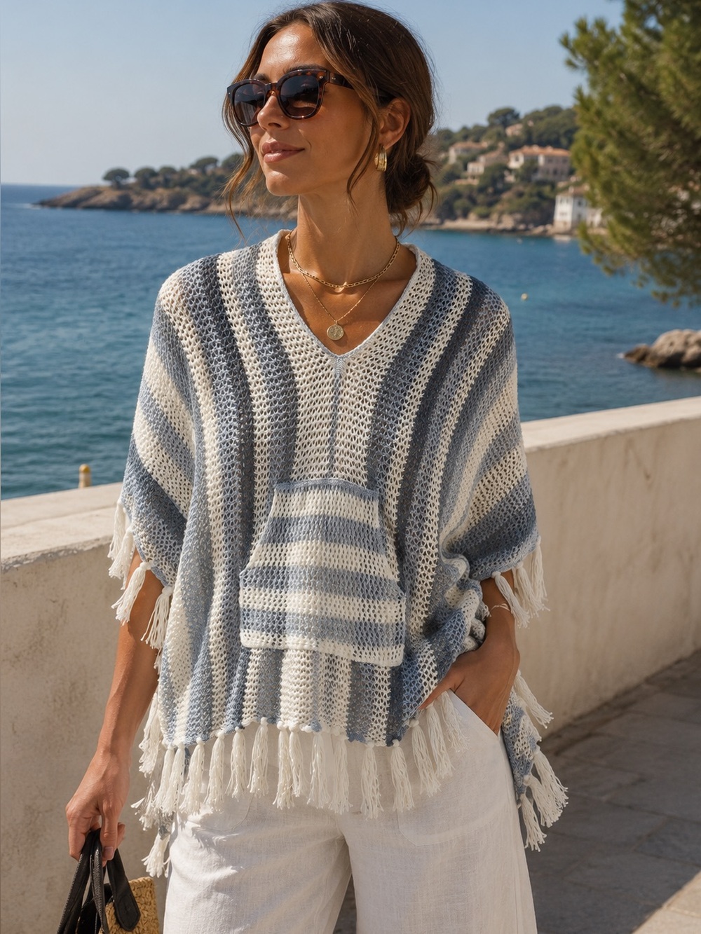 Badgley Mischka Studio Striped Fringe Poncho Cover Up One Size Boho Coastal